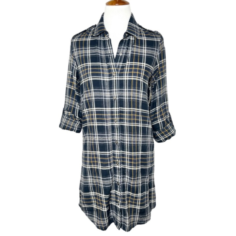 Sam Edelman Navy Blue Plaid Shirtdress, Maxi Shirt, Maxi Top, Cardi, Duster - Picture 10 of 14
